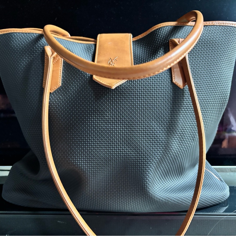 Yves Saint Laurent Gray and Tan Tote Bag with Structured Design
